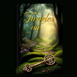 A stunning book cover design featuring a mystical forest with ethereal light filtering through the trees, vibrant flowers in bloom, and a winding path that suggests adventure