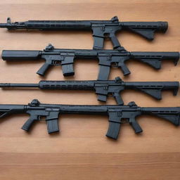 Several assault rifles meticulously arranged on a wooden table