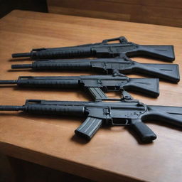 Several assault rifles meticulously arranged on a wooden table