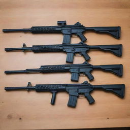 Several assault rifles meticulously arranged on a wooden table