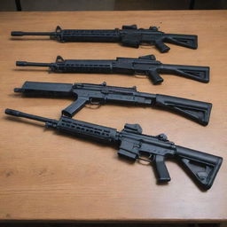 Several assault rifles meticulously arranged on a wooden table