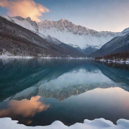 A peaceful landscape with a crystal clear lake reflecting the snow-capped mountains at sunset