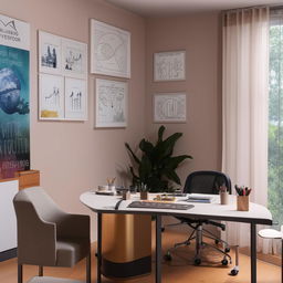 An office setup for career, vastu, numerology and astrological advisory with a corner designated for shooting videos, attending online and offline meetings, enhanced with inspirational graphics and decorative elements.