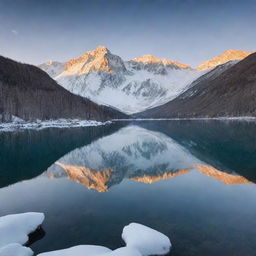 A peaceful landscape with a crystal clear lake reflecting the snow-capped mountains at sunset