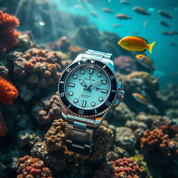 A sleek and modern diving watch displayed on a rocky ocean floor, surrounded by colorful coral reefs and schools of tropical fish swimming nearby