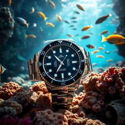 A sleek and modern diving watch displayed on a rocky ocean floor, surrounded by colorful coral reefs and schools of tropical fish swimming nearby