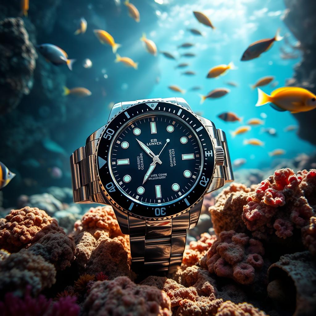 A sleek and modern diving watch displayed on a rocky ocean floor, surrounded by colorful coral reefs and schools of tropical fish swimming nearby