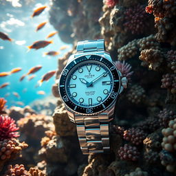 A sleek and modern diving watch displayed on a rocky ocean floor, surrounded by colorful coral reefs and schools of tropical fish swimming nearby