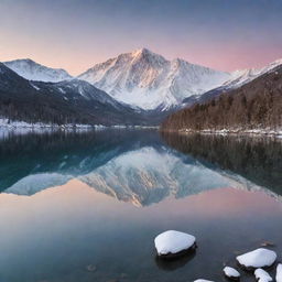 A peaceful landscape with a crystal clear lake reflecting the snow-capped mountains at sunset