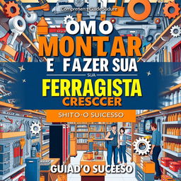 A comprehensive guidebook cover titled 'COMO MONTAR E FAZER SUA FERRAGISTA CRESCER: GUIA PARA O SUCESSO'