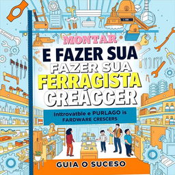 A comprehensive guidebook cover titled 'COMO MONTAR E FAZER SUA FERRAGISTA CRESCER: GUIA PARA O SUCESSO'