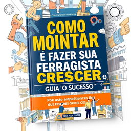 A comprehensive guidebook cover titled 'COMO MONTAR E FAZER SUA FERRAGISTA CRESCER: GUIA PARA O SUCESSO'