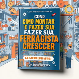 A comprehensive guidebook cover titled 'COMO MONTAR E FAZER SUA FERRAGISTA CRESCER: GUIA PARA O SUCESSO'