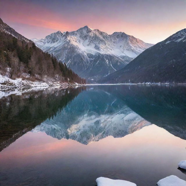 A peaceful landscape with a crystal clear lake reflecting the snow-capped mountains at sunset