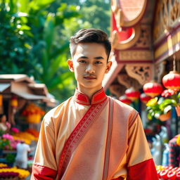 A young Thai male, dressed in a traditional Thai outfit, standing confidently in a vibrant market scene filled with colorful stalls and tropical flowers