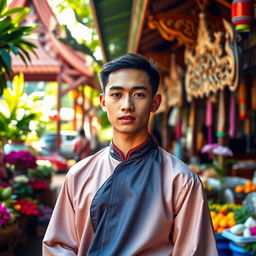 A young Thai male, dressed in a traditional Thai outfit, standing confidently in a vibrant market scene filled with colorful stalls and tropical flowers