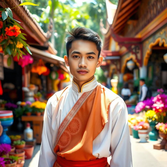 A young Thai male, dressed in a traditional Thai outfit, standing confidently in a vibrant market scene filled with colorful stalls and tropical flowers