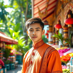 A young Thai male, dressed in a traditional Thai outfit, standing confidently in a vibrant market scene filled with colorful stalls and tropical flowers