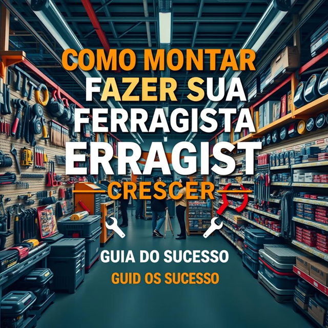 A dynamic book cover for 'COMO MONTAR E FAZER SUA FERRAGISTA CRESCER: GUIA PARA O SUCESSO'