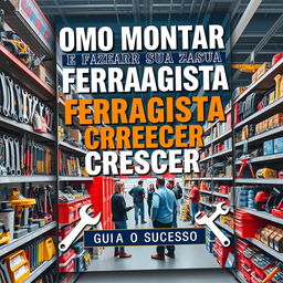 A dynamic book cover for 'COMO MONTAR E FAZER SUA FERRAGISTA CRESCER: GUIA PARA O SUCESSO'