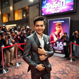 A young Thai male actor, confidently posing on the red carpet at a glamorous movie premiere