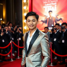 A young Thai male actor, confidently posing on the red carpet at a glamorous movie premiere