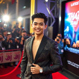 A young Thai male actor, confidently posing on the red carpet at a glamorous movie premiere