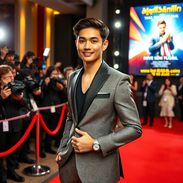 A young Thai male actor, confidently posing on the red carpet at a glamorous movie premiere