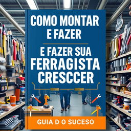 An engaging and educational book cover for 'COMO MONTAR E FAZER SUA FERRAGISTA CRESCER: GUIA PARA O SUCESSO'