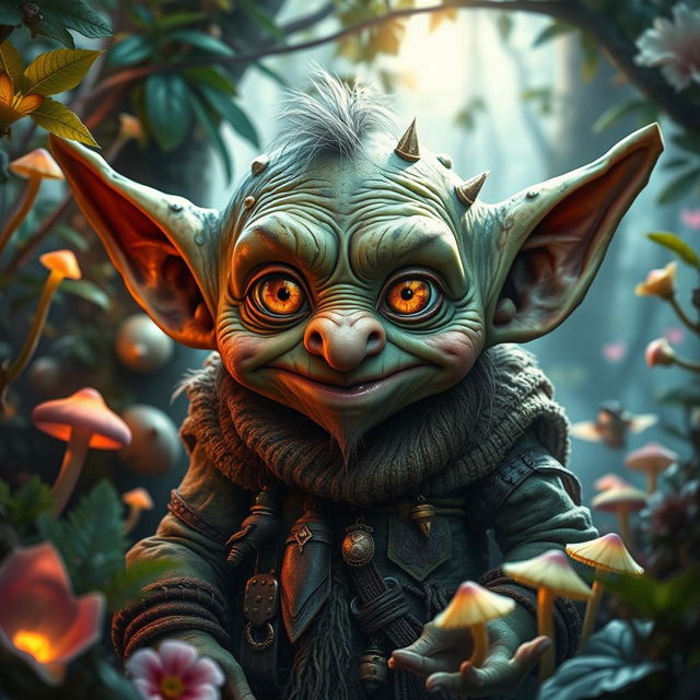 A hyper-realistic depiction of a fantasy goblin, showcasing intricate and detailed features