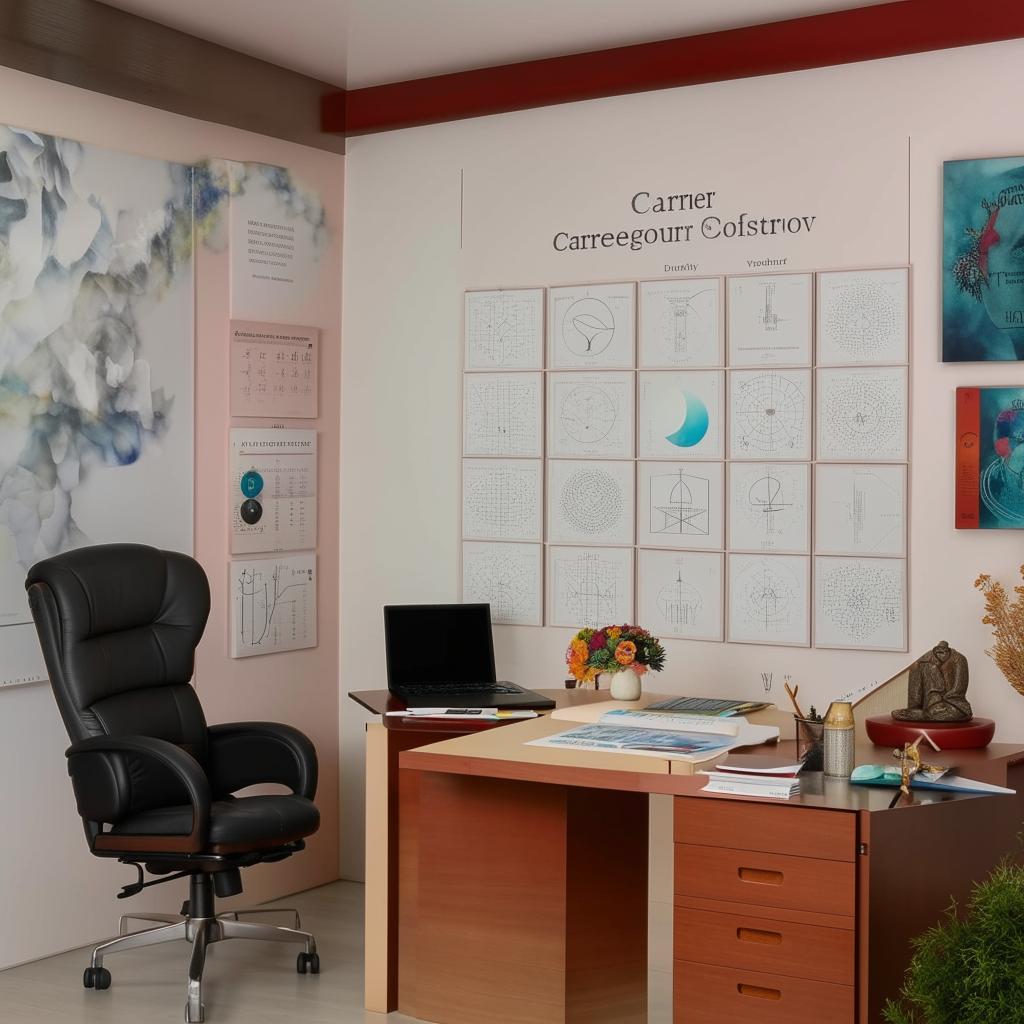 An office setup for career, vastu, numerology and astrological advisory with a corner designated for shooting videos, attending online and offline meetings, enhanced with inspirational graphics and decorative elements.