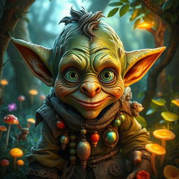 A hyper-realistic depiction of a fantasy goblin, showcasing intricate and detailed features