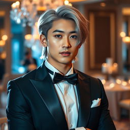 A hot Korean male with medium length silver hair and striking blue eyes, confidently standing in a luxurious ballroom setting