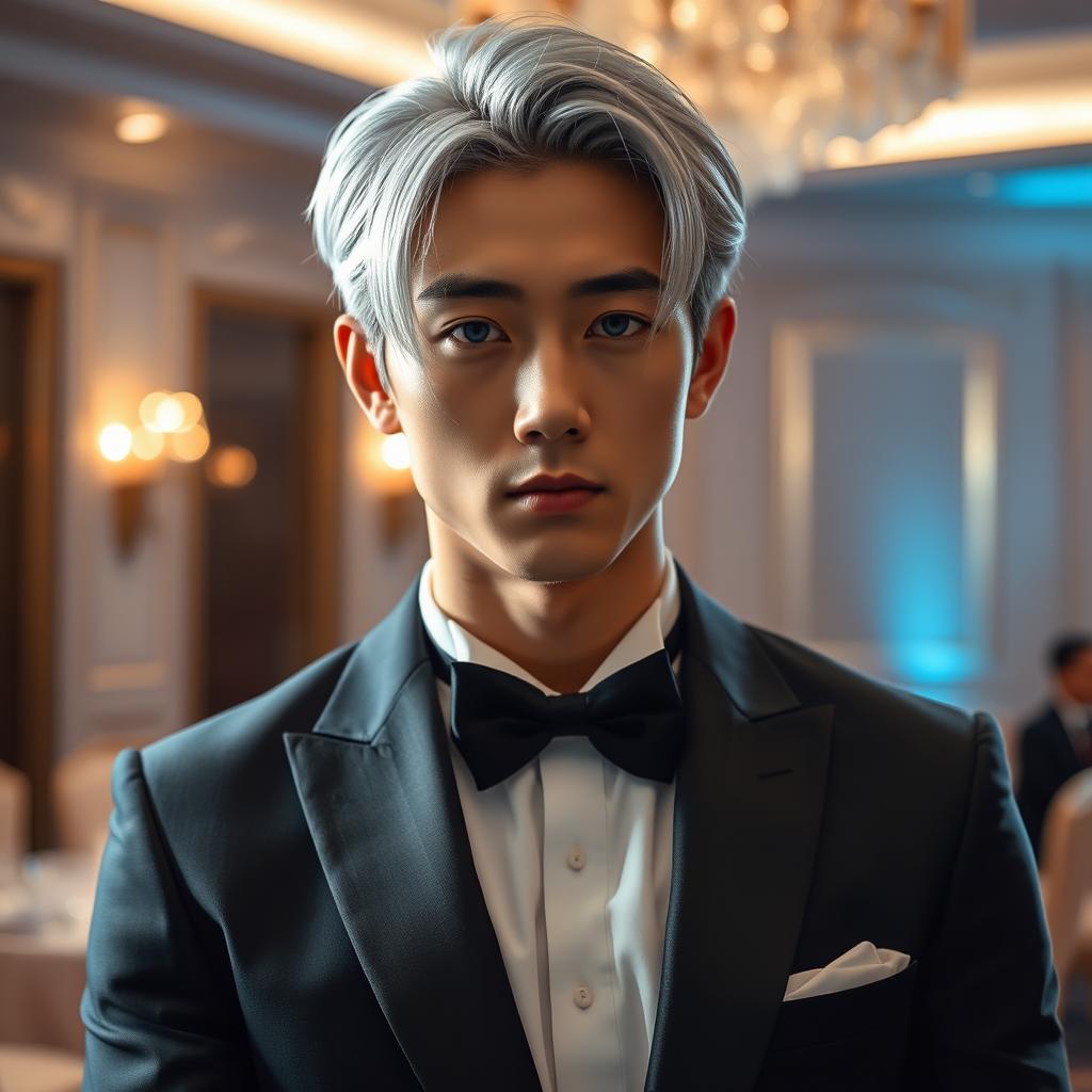 A hot Korean male with medium length silver hair and striking blue eyes, confidently standing in a luxurious ballroom setting