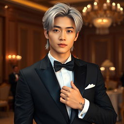 A hot Korean male with medium length silver hair and striking blue eyes, confidently standing in a luxurious ballroom setting