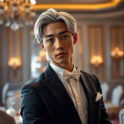 A hot Korean male with medium length silver hair and striking blue eyes, confidently standing in a luxurious ballroom setting