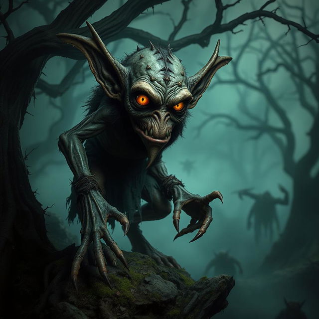 A hyper-realistic depiction of a fantasy goblin in a horror setting, characterized by eerie and unsettling features