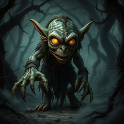 A hyper-realistic depiction of a fantasy goblin in a horror setting, characterized by eerie and unsettling features