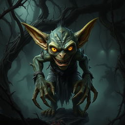 A hyper-realistic depiction of a fantasy goblin in a horror setting, characterized by eerie and unsettling features