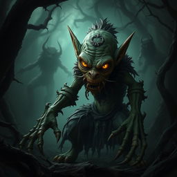 A hyper-realistic depiction of a fantasy goblin in a horror setting, characterized by eerie and unsettling features