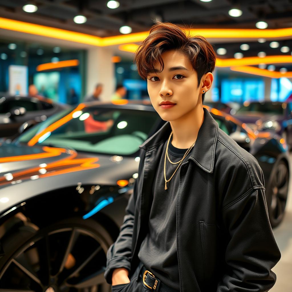 A young tall Korean male actor with stylish brown hair and distinctive cat-shaped eyes, confidently standing next to a sleek sports car