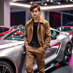 A young tall Korean male actor with stylish brown hair and distinctive cat-shaped eyes, confidently standing next to a sleek sports car