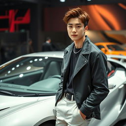 A young tall Korean male actor with stylish brown hair and distinctive cat-shaped eyes, confidently standing next to a sleek sports car