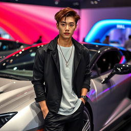 A young tall Korean male actor with stylish brown hair and distinctive cat-shaped eyes, confidently standing next to a sleek sports car