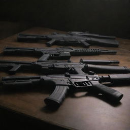 Assault rifles laid out on a table in a dimly lit environment