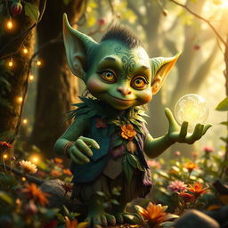 A hyper-realistic depiction of a fantastical goblin (Duende) in a lush, enchanted forest