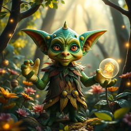 A hyper-realistic depiction of a fantastical goblin (Duende) in a lush, enchanted forest