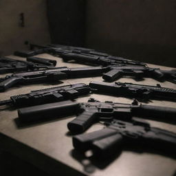 Assault rifles laid out on a table in a dimly lit environment