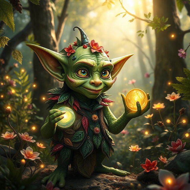 A hyper-realistic depiction of a fantastical goblin (Duende) in a lush, enchanted forest