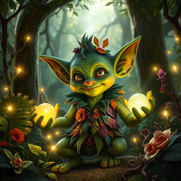 A hyper-realistic depiction of a fantastical goblin (Duende) in a lush, enchanted forest